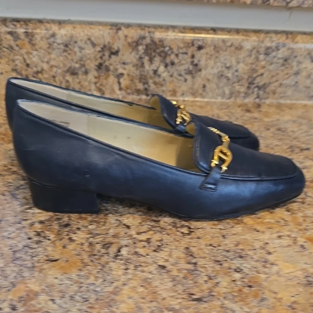 Etienne Aigner Navy Leather Loafers with Gold Detail - Picture 4 of 7